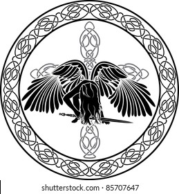 Celtic angel in ornamental circle with cross
