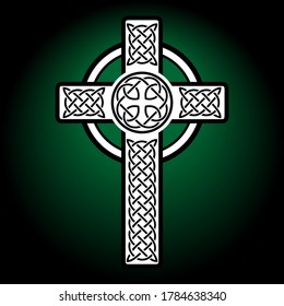 Celtic Black Cross on dark green background. Religion symbol. Irish knots. Vector graphic illustration