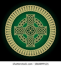 Celtic Black Cross on dark green background. Religion symbol. Irish traditional knots