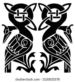 Celtic black and white design of two cranes.