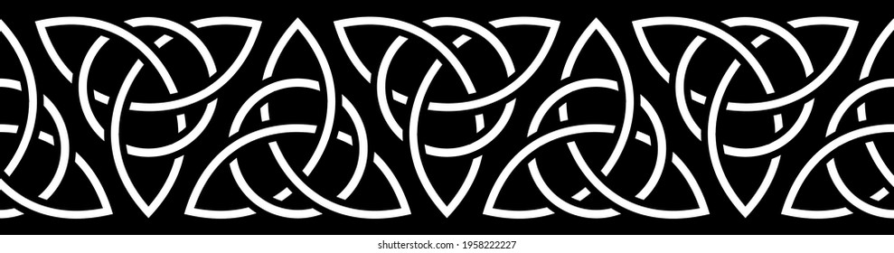 Celtic border. Traditional celtic ornament with medieval triquetra symbol. Repeat seamless pattern for frame borders. Black and white design. Vector illustration