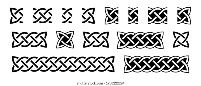 Celtic borders and knots. Traditional celtic ornament element, repear seamless pattern blocks. Braided black and white design for frame decoration. Vector illustration