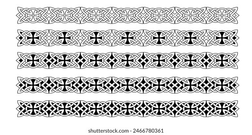 Celtic borders with knotted braid ornaments northern Irish motifs collection. Tattoo viking style, vintage magical patterns vector set 