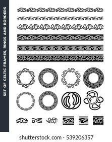 Celtic Borders, Patterns And Rings Set/
Illustration of a set of black and white celtic seamless lines, borders, rings and ornaments, for frame and tattoos, with separated patterns detail