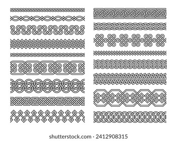 Keltische Grenzen. Nahtlose Vintage-Rahmen mit keltischen Folkknospen tätowiert schwarz-weiß dekorative Design. Muster Bürsten, endlose Ketten Vektorset. Tribal-Ornamente, Kunstwerke