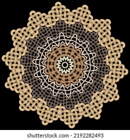 Celtic braided floral mandala. Round ornamental textured zigzag frames. Tribal ethnic traditional vector background. Celtic pattern. Spiral braided flowers ornaments. Colorful decorative backdrop.