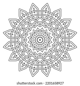 Mandala trenzada celta. Patrón de arte de líneas complejas redondeadas. Antecedentes de vectores tradicionales étnicos tribales. Patrón de círculo blanco y negro fractal. Ornamentos trenzados de líneas florales aisladas. Libro de colorear.