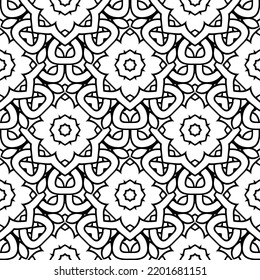Celtic braided seamless pattern. Intricate line art pattern. Tribal ethnic traditional vector background. Fractal black and white lacy pattern. Braided floral isolated lines ornament. Coloring book.
