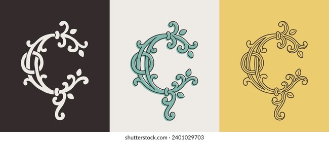 Celtic C Monogramme Set. Insellöser Stil mit authentischen Knoten und miteinander verflochtenen Akkorden. Briten, Iren oder Sachsen überschneiden sich das Monogramm. Mittelalterliche Tätowierung, St. Patrick Day Logo und Sportbekleidung.