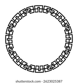 Quadro de círculo celta em preto e branco. Quadro clássico monocromático redondo. Meandro grego. Padrões da Grécia e da Roma Antiga. Circular a fronteira europeia. Para cerâmica, têxteis, bordados, porcelana