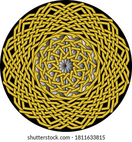 Celtic circular pattern with dodecagon shape clock pattern inside circle with black floral vector geometric background and gear lining