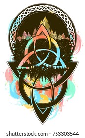 Celtic color tattoo and t-shirt design. Mountain, forest, symbol travel, symmetry, tourism 