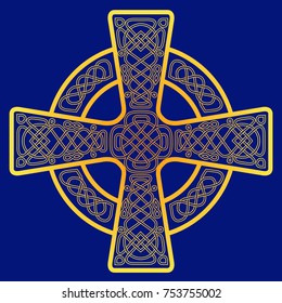 Celtic colored cross with circle, yellow stroke. Isolated vector image on a blue background.