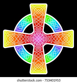 Celtic colored cross on a black background. Isolated vector image, rainbow, warm and cold colors.