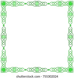 Celtic colored square frame. Isolated green vector image on white background.