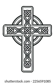 Celtic cross - decorated with Celtic ornaments, black and white vector illustration, isolated on white background