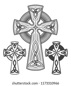 Celtic cross emblem drawn in engraving style. Vector illustration.
