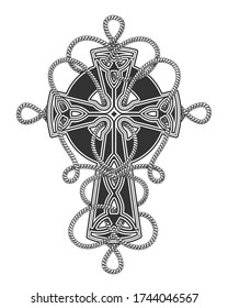 Celtic Cross entwined by ropes Tattoo in engraving style. Vector illustration.