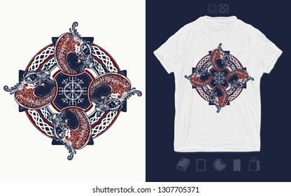 Celtic cross. Helm of Awe, aegishjalmur, celtic trinity knot. Print for t-shirts and another, trendy apparel design. Dragons, symbol of the Viking. Nordic ethnic style graphics 