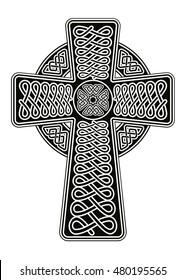 Celtic cross with interlacing ornament and an elongated base.