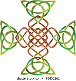 Celtic cross in celtic knot style shape ornament. Vintage color vector graphic element.