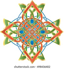 Celtic cross in celtic knot style shape ornament. Vintage color vector graphic element.