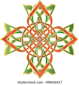 Celtic cross in celtic knot style shape ornament. Vintage color vector graphic element.