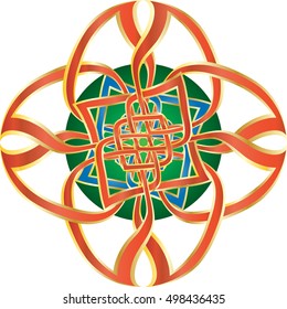 Celtic cross in celtic knot style shape ornament. Vintage color vector graphic element.