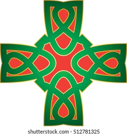Celtic cross in celtic knot style shape ornament, graphic design. Vintage color vector graphic element.