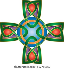 Celtic cross in celtic knot style shape ornament, graphic design. Vintage color vector graphic element.
