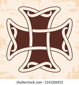 Celtic cross with national ornament as interlaced ribbon on a beige background with an aged effect.
