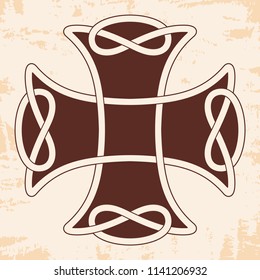 Celtic cross with national ornament as interlaced ribbon on a beige background with an aged effect.