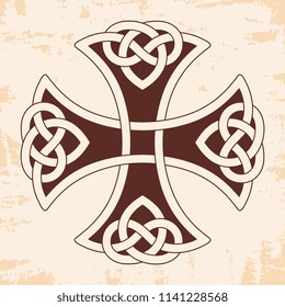 Celtic cross with national ornament as interlaced ribbon on a beige background with an aged effect.