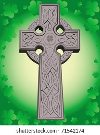 Celtic cross on a green background leaf clover