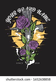 Celtic Cross And Roses Grunge Illustration For Band Merchandise Or Clothing Brand