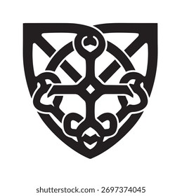 Celtic Cross Shield Emblem with Intricate Knotwork and Geometric Shield Design for Medieval Heritage and Heraldic Branding Identit