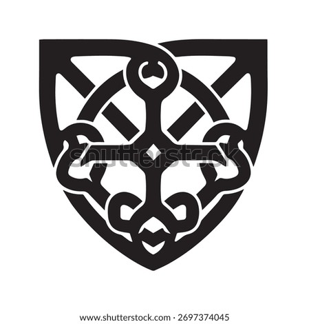Celtic Cross Shield Emblem with Intricate Knotwork and Geometric Shield Design for Medieval Heritage and Heraldic Branding Identit