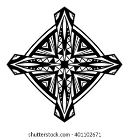 Celtic Cross Stamp. Black and white decorative icon. Ornate symbol ethnic pattern. Tribal ornament for tattoo or brand. Zen art isolated design element. Vector illustration.