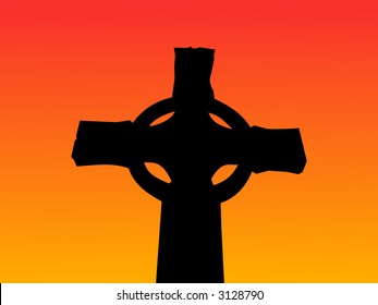 celtic cross at sunset with colourful sky illustration