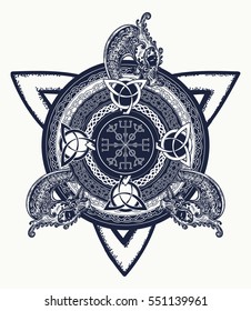 Celtic cross tattoo art and t-shirt design. Dragons, symbol of the Viking. Helm of Awe, aegishjalmur, celtic trinity knot 