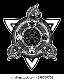 Celtic cross tattoo art and t-shirt design. Dragons, symbol of the Viking. Helm of Awe, aegishjalmur, celtic trinity knot 