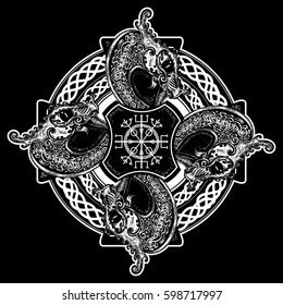 Celtic cross tattoo art and t-shirt design. Helm of Awe, aegishjalmur, celtic trinity knot. Dragons, symbol of the Viking. Nordic celtic cross ethnic style graphics 