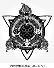 Celtic cross tattoo art and t-shirt design. Helm of Awe, aegishjalmur, celtic trinity knot 