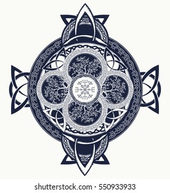 Celtic cross tattoo. Dragons and celtic tree of life. Mystic tribal scandinavian and Irish symbol t-shirt design. 