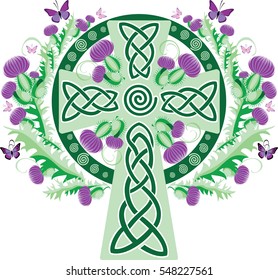 Celtic cross with a vignette of a thistle flower and butterflies