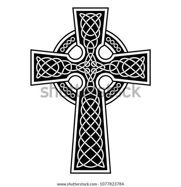Celtic\
Cross with white patterns on a black\
background