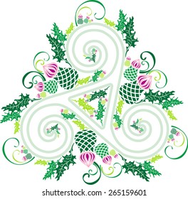 Celtic cross wreathed with flowers of thistles