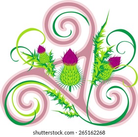 Celtic cross wreathed with flowers of thistles