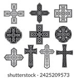 Celtic crosses white ornamental pattern and black contour set vector flat illustration. Religious Christianity Catholic spiritual faith crucifix gothic Irish traditional holy God vintage decoration
