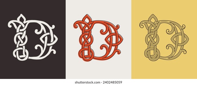 Celtic D monograms set. Insular style initial with authentic knots and interwoven cords. British, Irish, or Saxons overlapping monogram. Medieval font for tattoo, St. Patrick day logo, and sportswear.